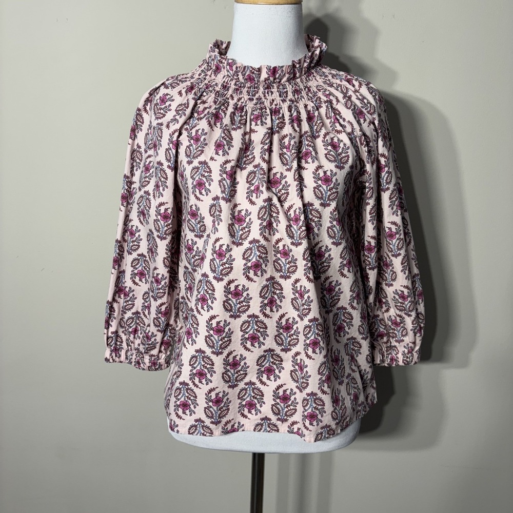 J Crew Peasant Blouse Top Women PXS Pink Floral Smocked High Neck Boho 3/4 Sleev